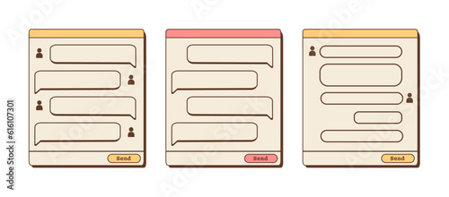 Vector retro chat windows with speech bubbles and user icon. Nostalgic UI. Retro vaporwave computer interface. Chat template. Set of the colorful and neon designs. Vector flat illustration.