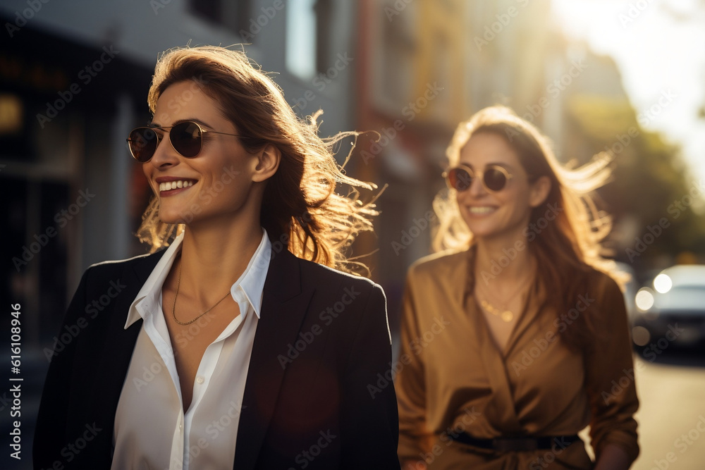 Businesswomen smiling in the street