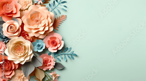 top view of colorful paper cut flowers with green leaves on blue background with copy space © Dina Studio