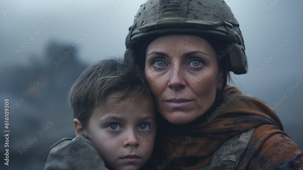 Woman soldier and a child during the war Woman soldier and a child during the war