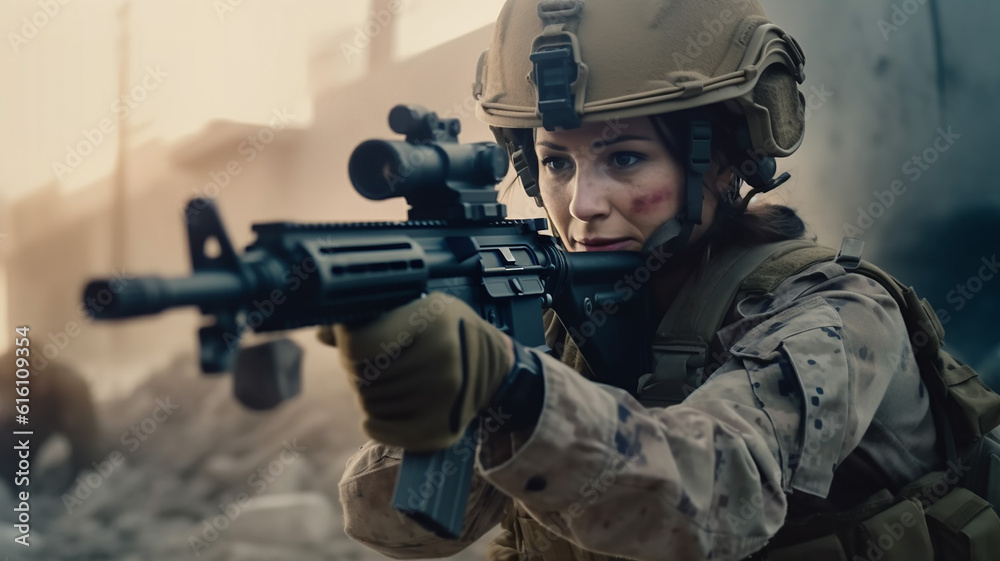 Female soldier with a gun in her hand on the battlefield