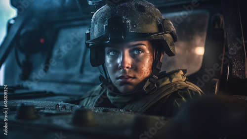Obraz na płótnie Female soldier tank driver w salonie