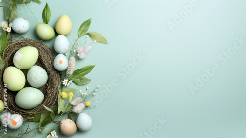 Picture  Easter poster and banner template  where a nest filled with vibrant Easter eggs. Place for text. Generative ai