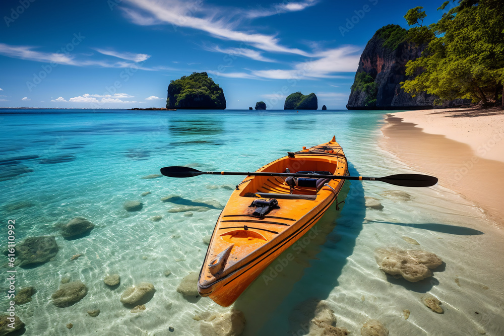 Beautiful paradise beach and sea with kayak boat photography Beautiful paradise beach and sea with kayak boat photography