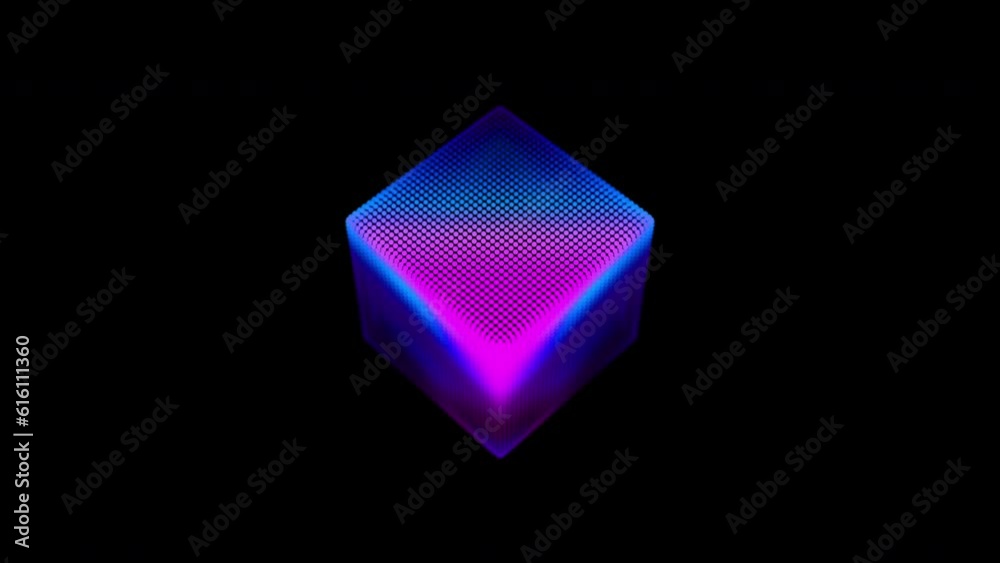 Looped distortion waves on abstract cube of particles. Digital data splash of box point array. Futuristic glitch UI element