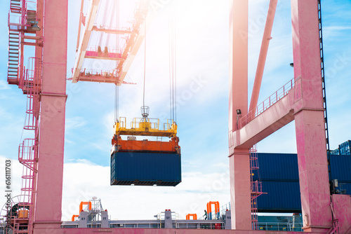 Business Logistics concept,Truck in container depot in import and export area at port,Container Cargo freight ship for Logistic Import Export