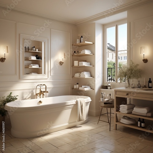 large bathroom with a bathtub and a bookcase  in the style of light gold and light bronze  vray tracing  french countryside  american mid-century design  tonal sharpness  flattering lighting  porcelai