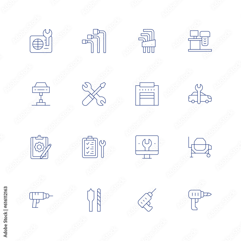 Repair line icon set on transparent background with editable stroke. Containing air conditioning, allen key, allen keys, balancing, car repair, car service, clipboard, computer, concrete mixer, drill.