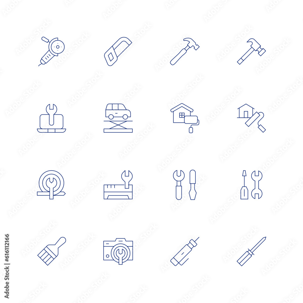 Repair line icon set on transparent background with editable stroke. Containing grinder, hacksaw, hammer, it support, jack, renovation, repair, repair tools, paintbrush, photo camera, screwdriver.