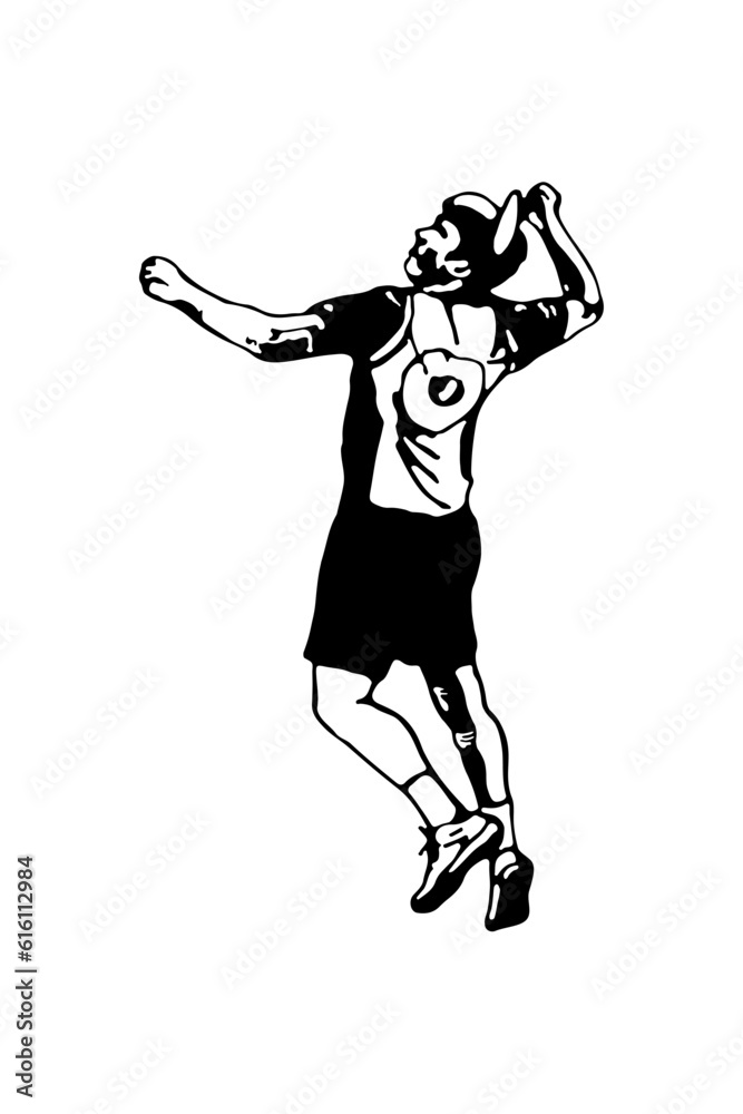 Badminton player. Man performing a clear shot. Poster template. Black and white hand-drawn image. Vector illustration on a white background.