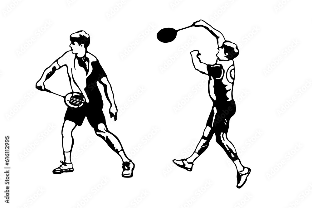 Two badminton players with racket. Sport collection. Poster template. Black and white hand-drawn image. Vector illustration on a white background.