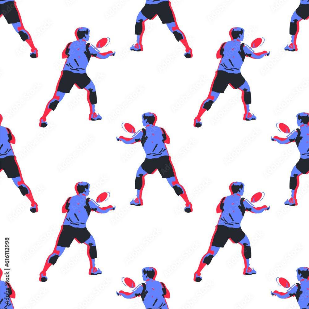 Badminton player. Defense play. Blue and red hand-drawn image. Vector illustration on a white background