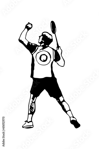 Badminton player. Man preparing for an overhead forehand shot. Poster template. Black and white hand-drawn image. Vector illustration on a white background.