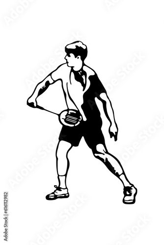 Badminton player. Man performing a defensive shot. Sports collection. Poster template. Black and white hand-drawn image. Vector illustration on a white background.