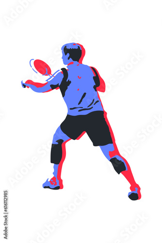 Badminton player. Poster template. Blue and red hand-drawn image. Vector illustration on a white background.