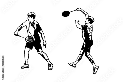 Two badminton players with racket. Sport collection. Poster template. Black and white hand-drawn image. Vector illustration on a white background.