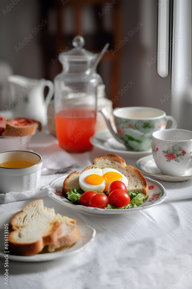 Traditional breakfast with fried eggs, toast and salad on the plate. AI generated Traditional breakfast with fried eggs, toast and salad on the plate. AI generated