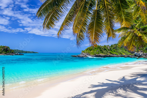 Tropical islands- Explore a tropical island with its white sandy beaches and turquoise waters, while resting under the shade of palm trees © radresnac