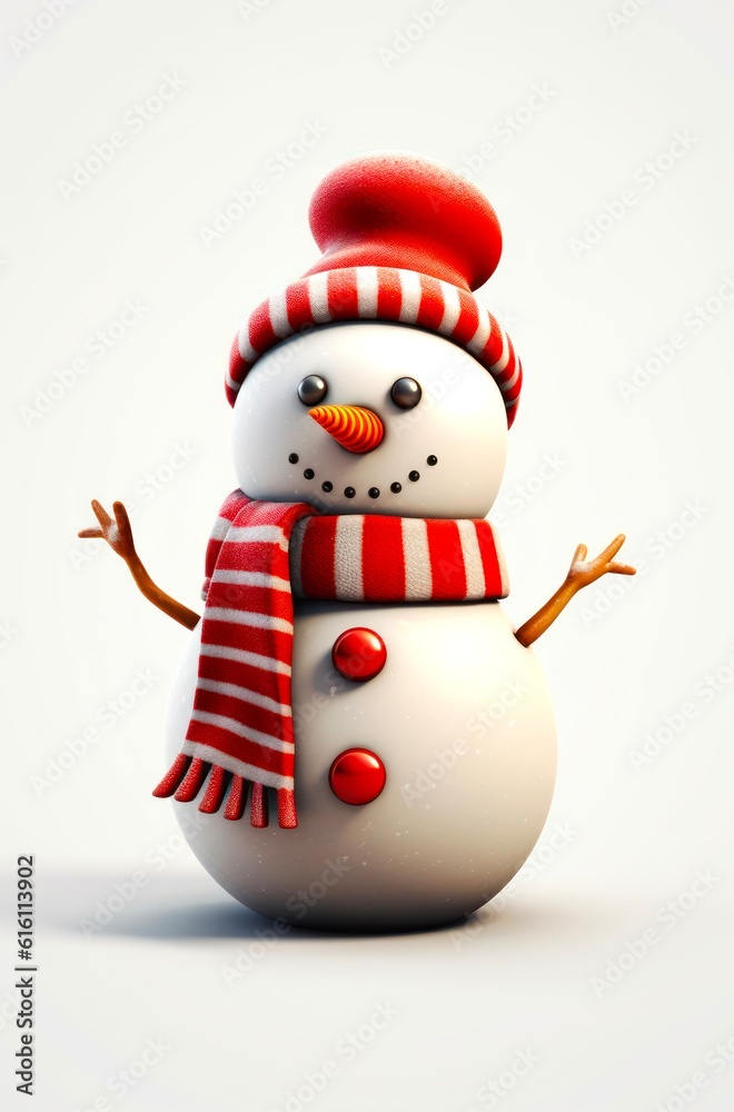Cute snowman with red hat and scarf on white background in cartoon style. Generative AI. Cute snowman with red hat and scarf on white background in cartoon style. Generative AI.