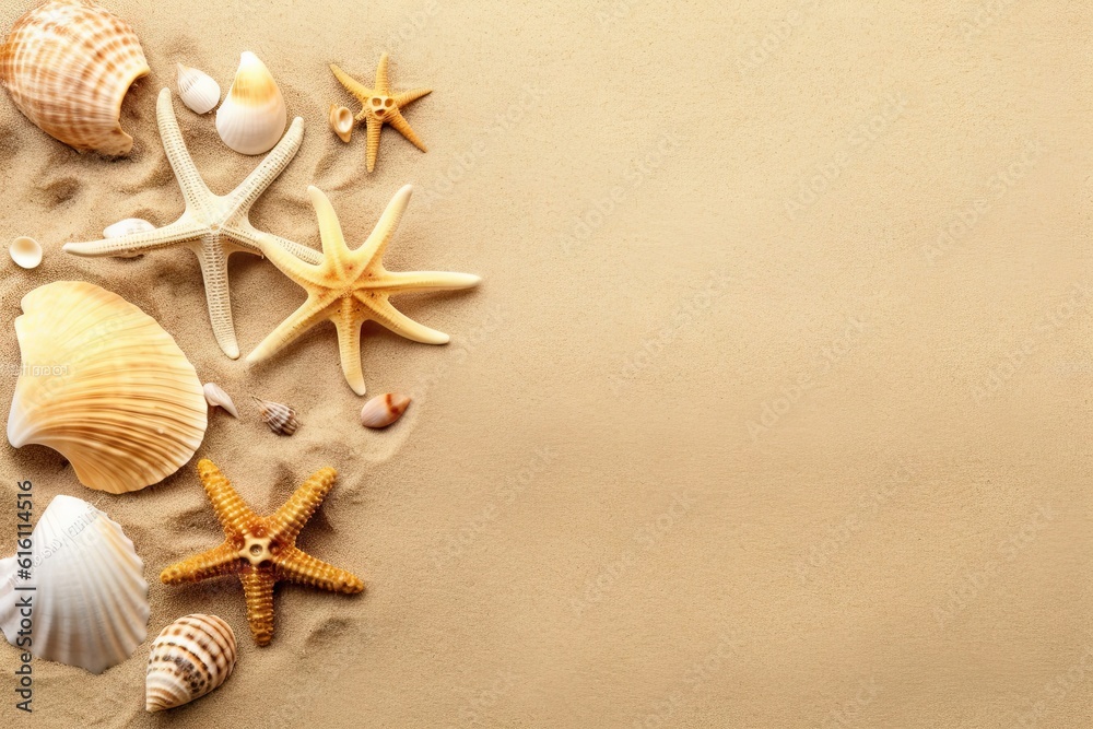 Beachside Wonder. Top view Starfish and Seashells on Beach Background Beachside Wonder. Top view Starfish and Seashells on Beach Background