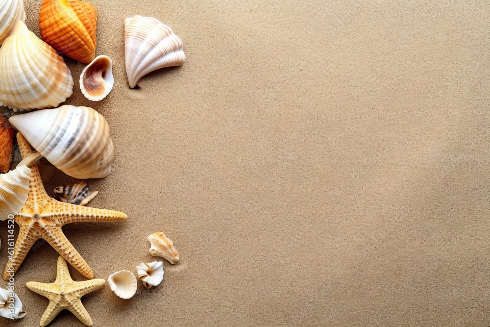 Beachside Wonder. Top view Starfish and Seashells on Beach Background Beachside Wonder. Top view Starfish and Seashells on Beach Background