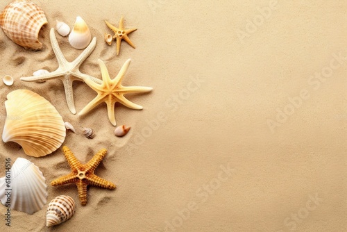 Beachside Wonder. Top view Starfish and Seashells on Beach Background