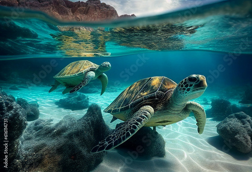 Turtles swim on ocean. AI Generated