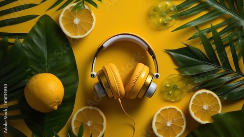 yellow headphones and lemons on a yellow surface. Generative AI Art.