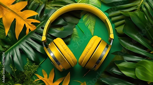 yellow headphones on a green surface surrounded by leaves. Generative AI Art.