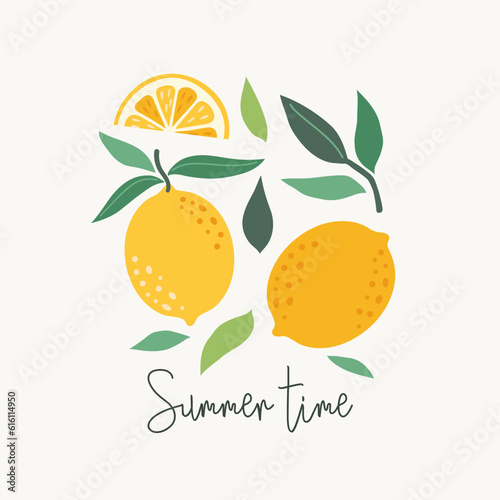 Modern abstract illustration lemons with leaves. Modern art print. Set of citrus tropical fruits. Summer vector design for cards, invitations, posters, flyers, banners.