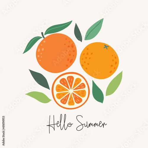Modern abstract illustration oranges with leaves. Modern art print. Set of citrus tropical fruits. Summer vector design for cards, invitations, posters, flyers, banners.