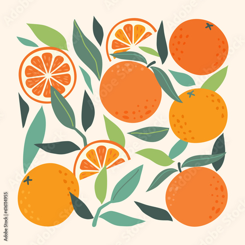 Modern abstract illustration oranges with leaves and branches. Fruits pattern. Modern botany art print. Set of citrus tropical fruits. Summer vector design for invitations, posters, cards, banners.