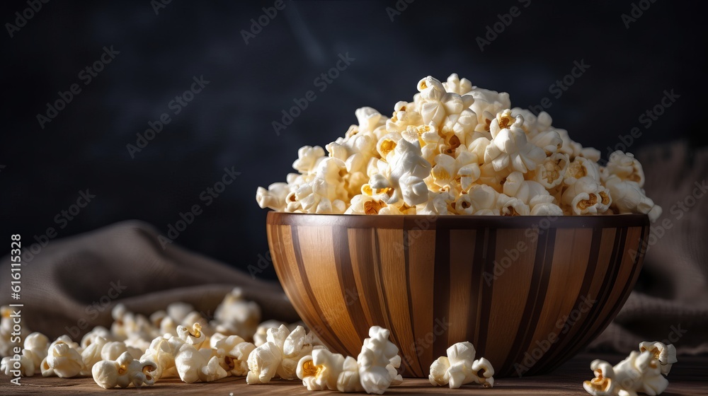 A wooden bowl of salted popcorn at the old wooden table. Dark background. selective focus Generative AI A wooden bowl of salted popcorn at the old wooden table. Dark background. selective focus Generative AI
