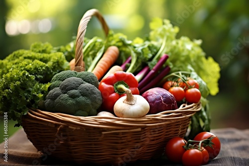 Different vegetables in a wooden basket placed on the table. Generative AI