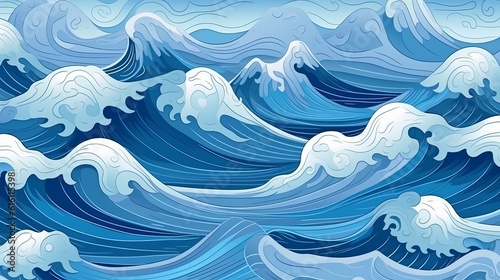 Blue water waves perspective landscape. Vector horizontal seamless pattern Generative AI