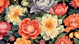 Floral seamless pattern. Multicolored flowers peonies on a black background Generative AI