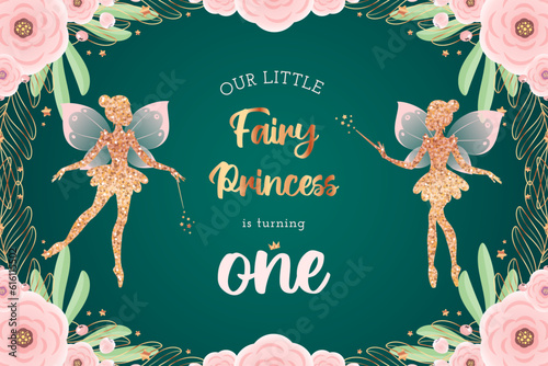 Cute fairy backdrop for a first birthday party. Beautiful poster with a golden pixie silhouettes and a floral frame on a teal background. Vector illustration 10 EPS.