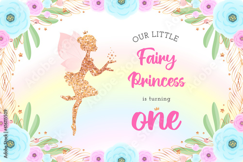 Cute fairy backdrop for a first birthday party. Beautiful background with a little pixie silhouette, rainbow and a floral frame. Vector illustration 10 EPS.