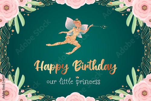 Cute fairy backdrop for a birthday party. Beautiful poster with a golden pixie silhouettes and a floral frame on a teal background. Vector illustration 10 EPS.