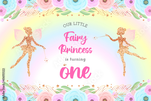 Cute fairy backdrop for a first birthday party. Beautiful background with a little pixie silhouette, rainbow and a floral frame. Vector illustration 10 EPS.