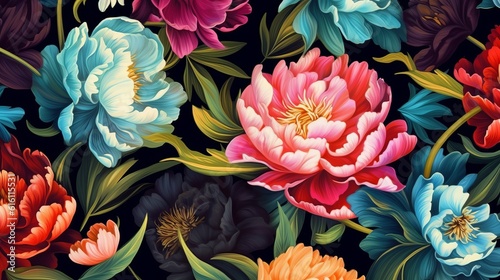 Floral seamless pattern. Multicolored flowers peonies on a black background Generative AI