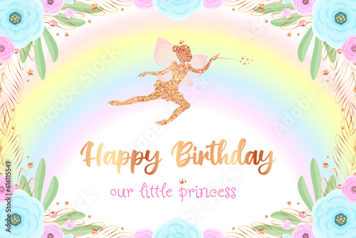 Cute fairy backdrop for a birthday party. Beautiful background with a little pixie silhouette, rainbow and a floral frame. Vector illustration 10 EPS.
