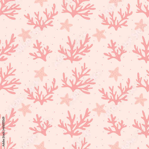 Seamless marine pattern with corals and starfish