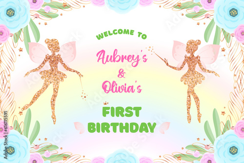 Cute fairy backdrop for a twins birthday party. Beautiful background with a little pixie silhouette, rainbow and a floral frame. Vector illustration 10 EPS.