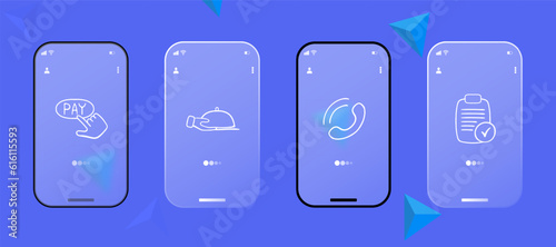 Food Delivery Illustration. Food delivery, including order placement, preparation, packaging, and delivery by a delivery person or courier. Glassmorphism style. Ui phone app