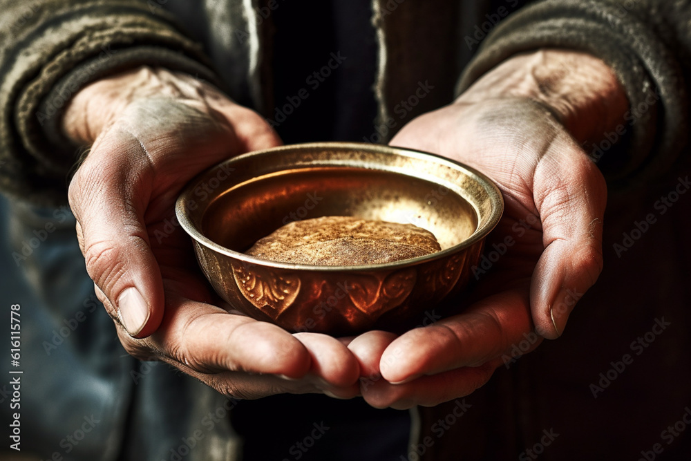 Homeless man hold soup in hands, closeup view Homeless man hold soup in hands, closeup view