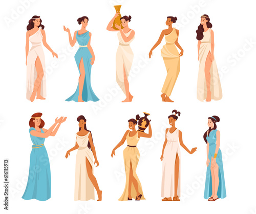 Roman or Greek Girl in Antique Clothes Stand and Gesturing with Amphora Vector Set