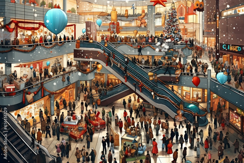 Obraz premium hustle and bustle in the mall decorated for christmas, lots of people