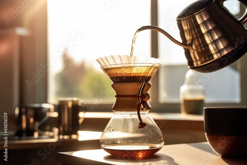 Alternative coffee brewing method,pure over,glass teapot on wooden tray with brewed coffee on dark background. AI Generated