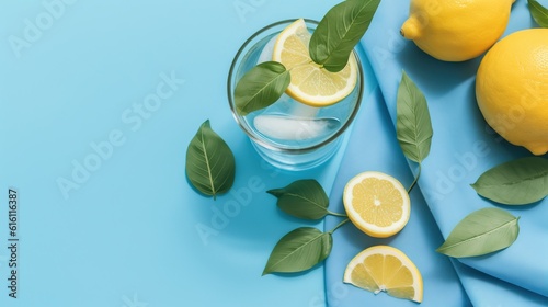 a glass of water with lemons and leaves. Generative AI Art. photo